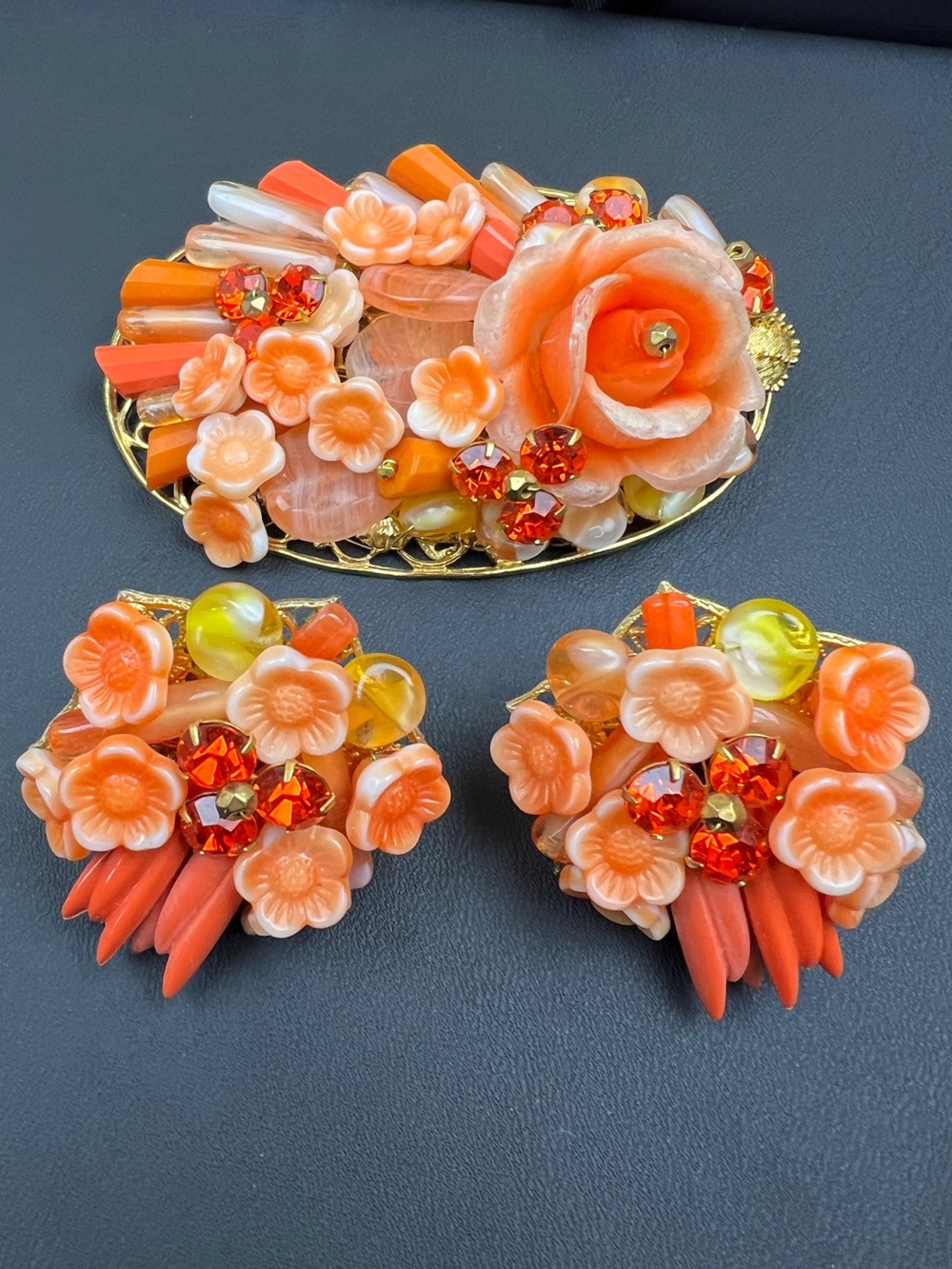 Miriam Haskell Frank Hess Orange Brooch & Clip-On Earrings Set Floral Faux Coral